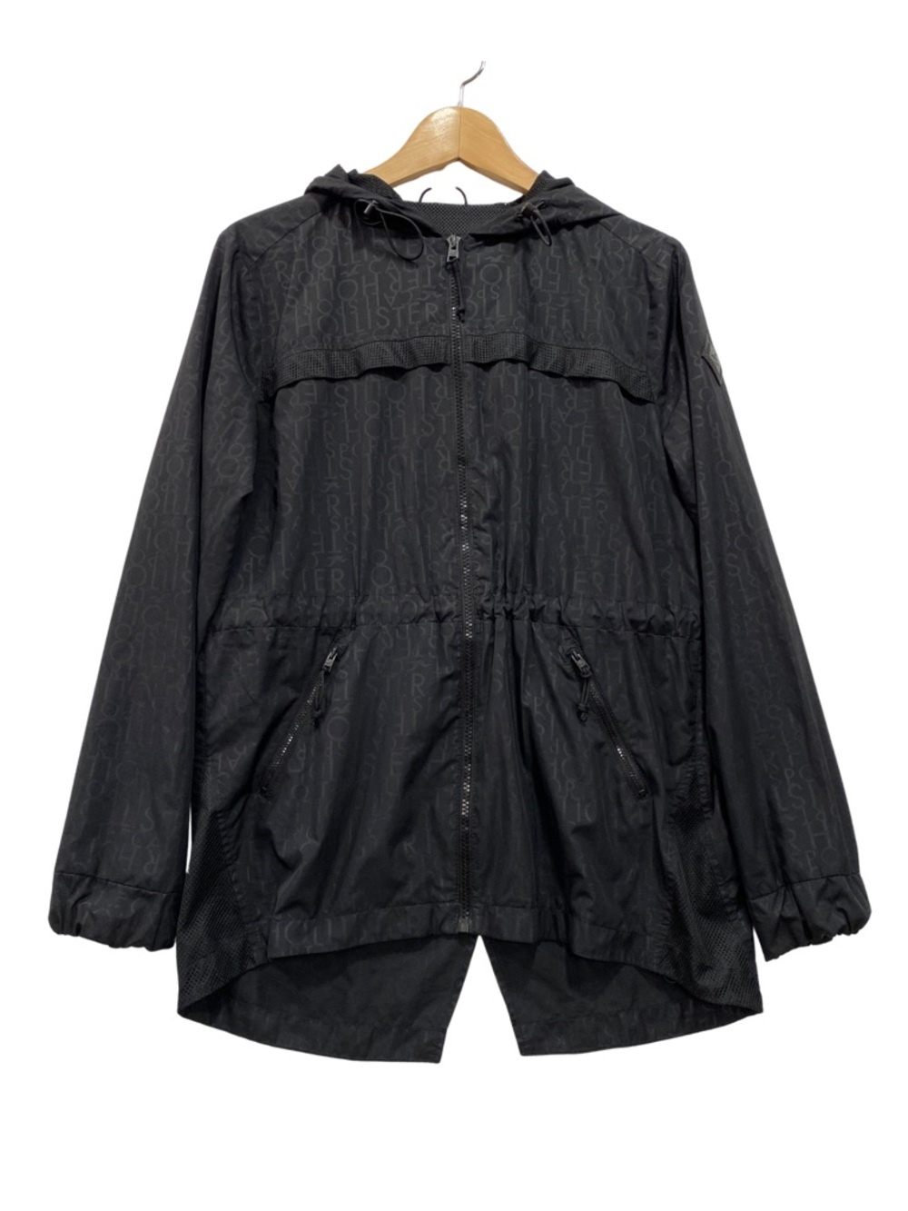 Hollister Windbreaker Rain Coat M Black Lightweight Hooded Jacket Logo Design